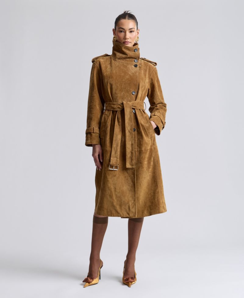 Women's Funnel-Neck Suede Oversized Trench Coat