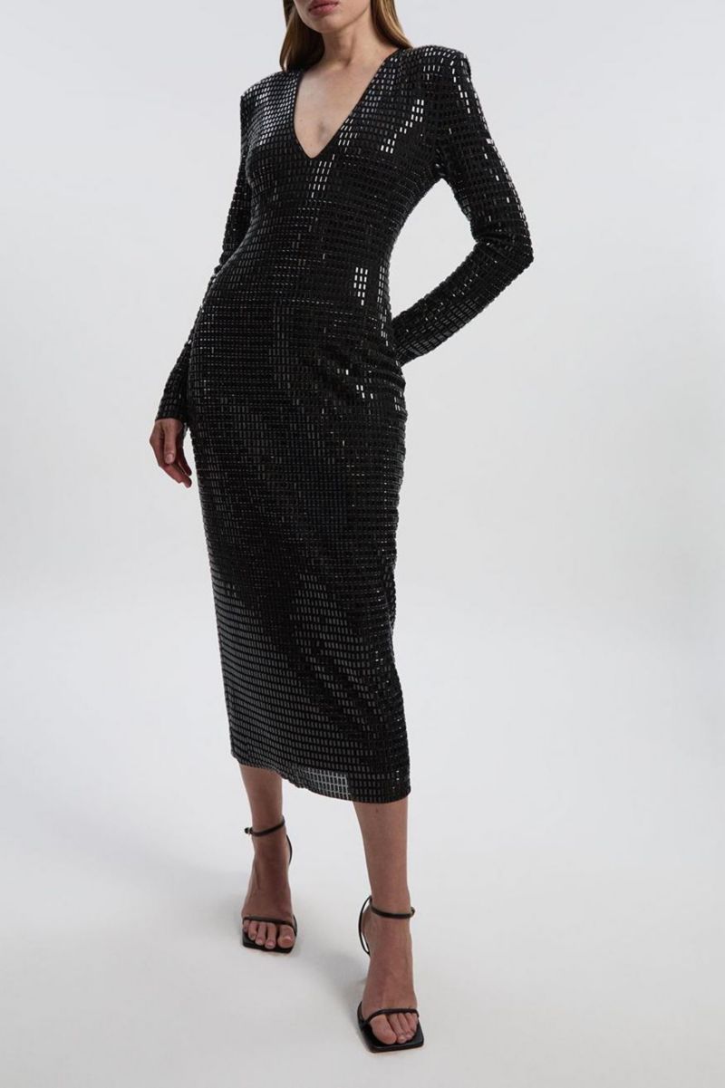 Women's Long Sleeve Plunge Neck Midi Dress