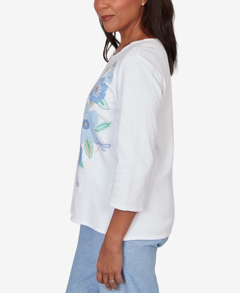 Women's Caribbean Blues Embroidered Dragonfly Floral Top
