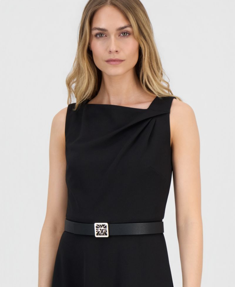 Women's Asymmetric-Neck Belted Midi Dress