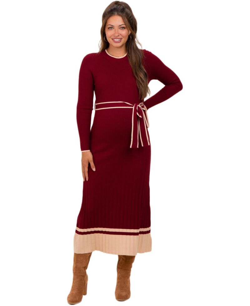 Women's Burgundy Elegant Ribbed Midi Sweater Dress With Belt
