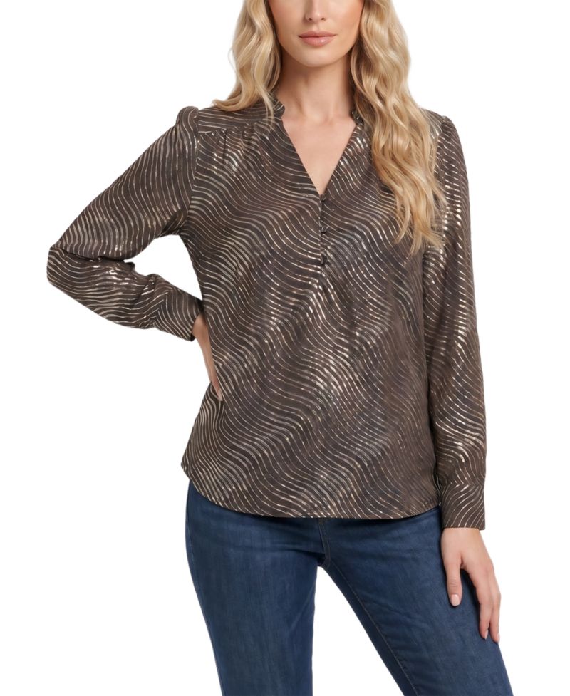 Women's Metallic-Print Ruched-Shoulder V-Neck Long-Sleeve Blouse