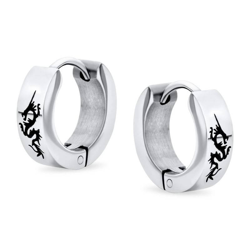 Asian Dragon Mini Hoop Huggie Earrings Silver Tone Stainless Steel