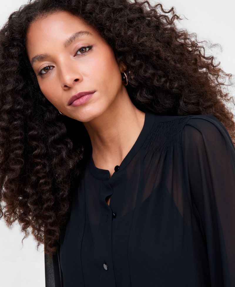 Women's Long Sleeve Sheer Button-Front Blouse