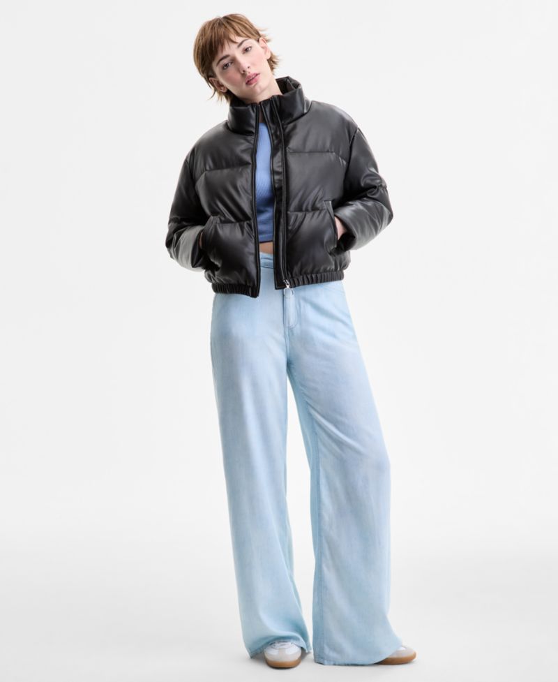 Juniors' Cropped Faux-Leather Puffer Coat