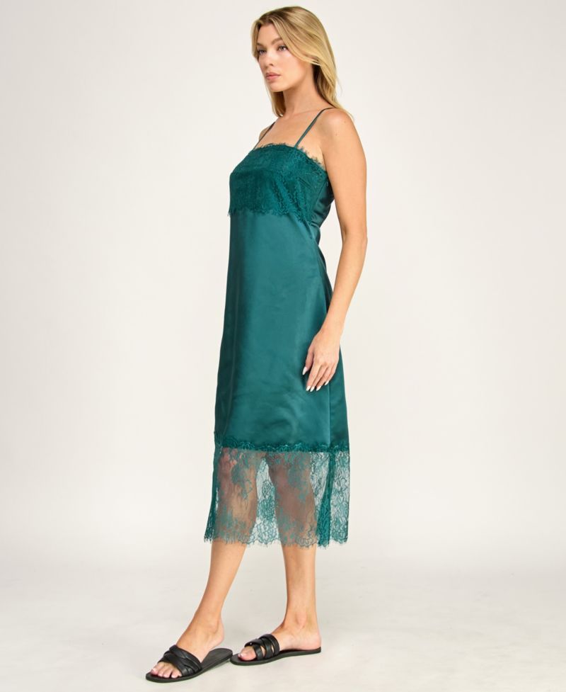 Juniors' Sleeveless Lace and Satin Slip Midi Dress