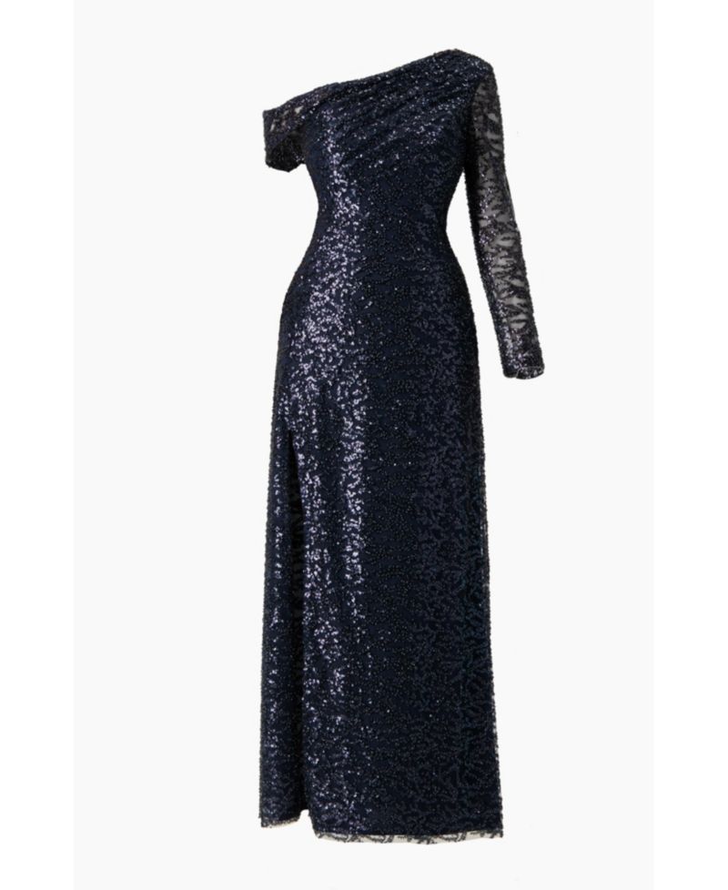 Women's Embroided Gown with Front Slit and One Sleeve