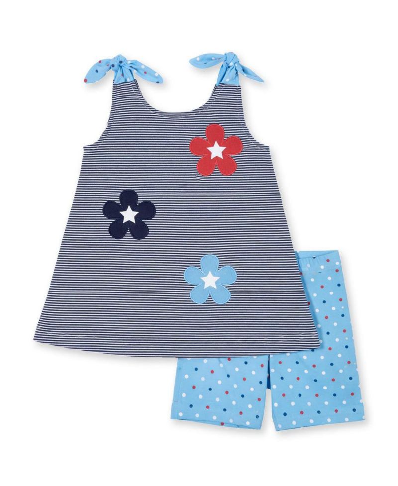 Big Girls 7 -8 Stripe Knit Short Set With Flowers and Stars