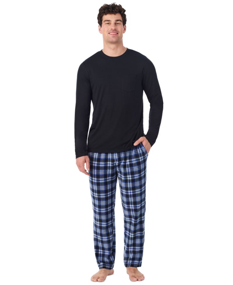 Men's Cabin Fleece Long-Sleeve Crewneck Pajama Top and Fleece Pants, 2-Piece Set