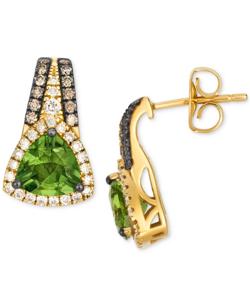 Green Apple Peridot (1-1/2 ct. t.w.) & Diamond (1/5 ct. t.w.) Trillion Halo Stud Earrings in 14k Gold