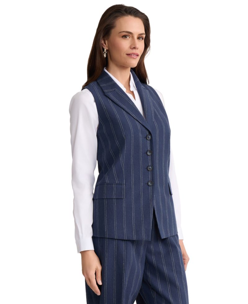 Petite Double Pinstripe Peak Lapel Linen Collar Vest