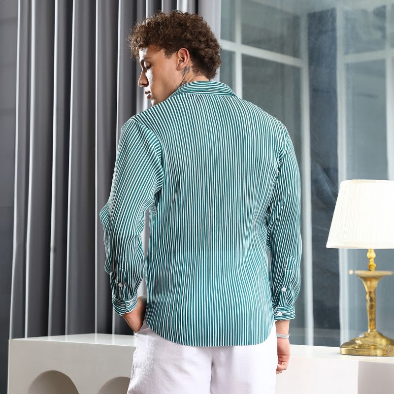 Men's Forest Green & Powder White Pleat-Creased Shirt