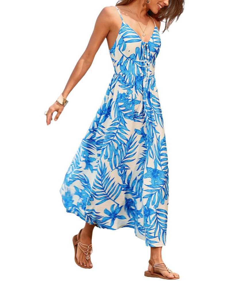 Women's V-Neck Leaf Print Beach Dress