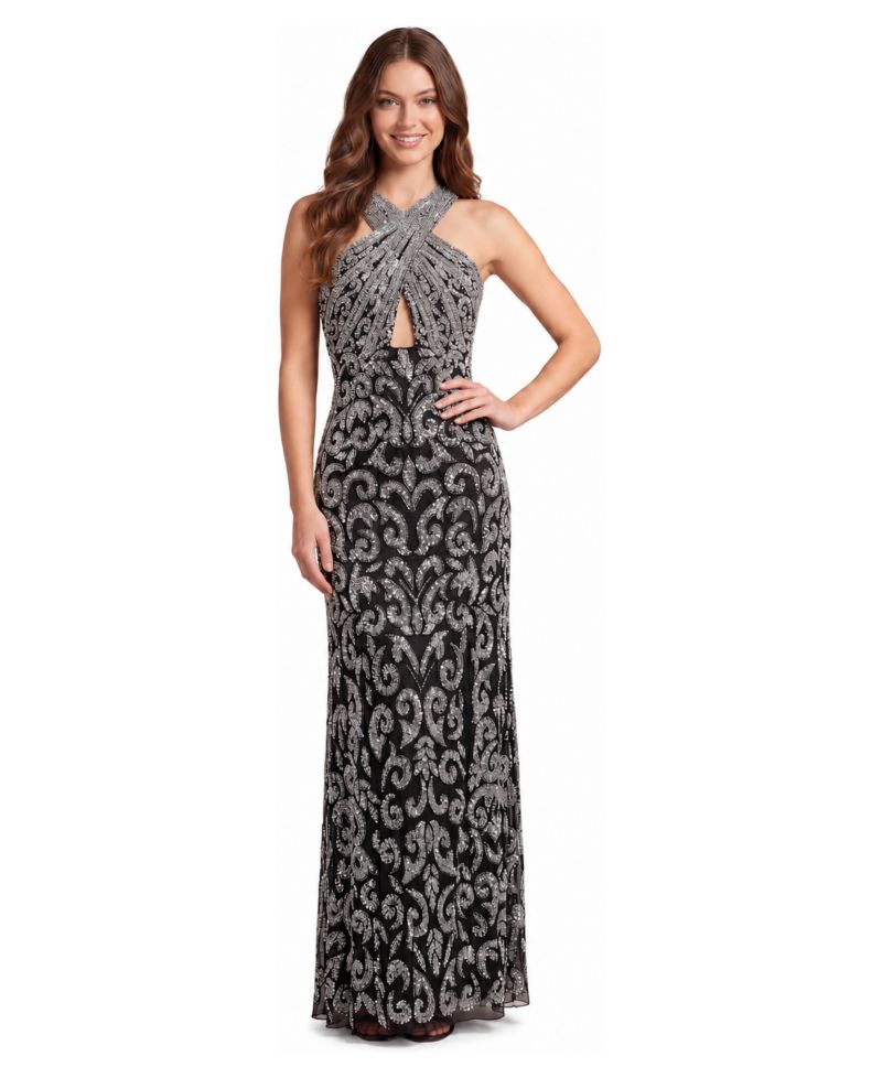 Plus Size Beaded Halter Front-Slit Dress