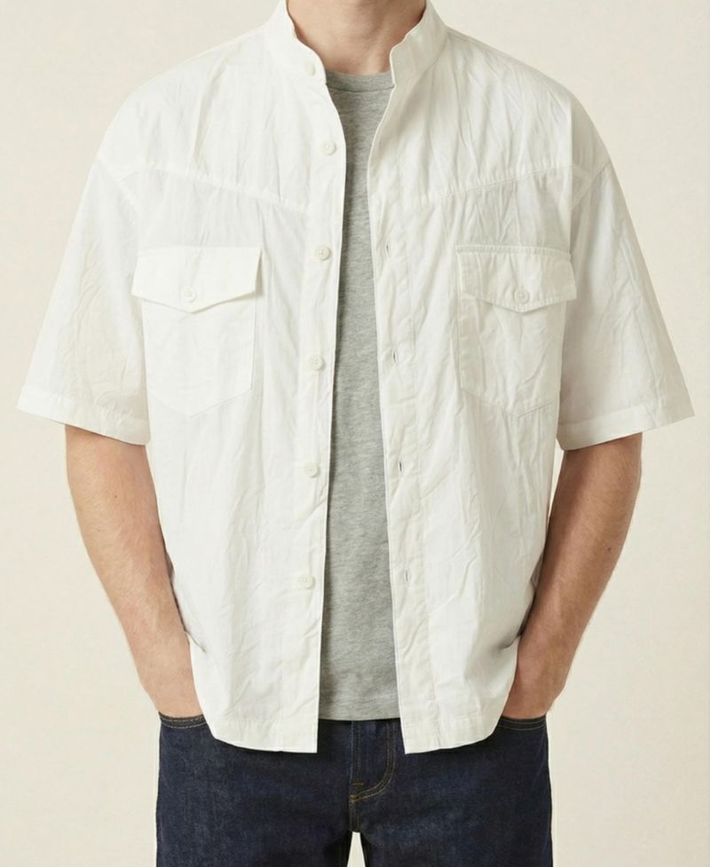 Men's Short Sleeve Stand-Collar Dual-Pocket Shirt