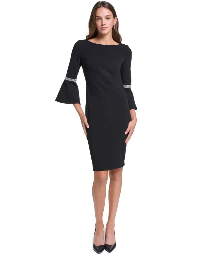 Women's Boat-Neck Bell Sleeve with Rhinestone Trim Sheath Dress