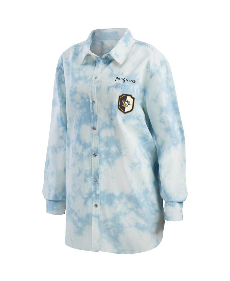 Women's White Pittsburgh Penguins Oversized Tie-Dye Button-Up Denim Shirt