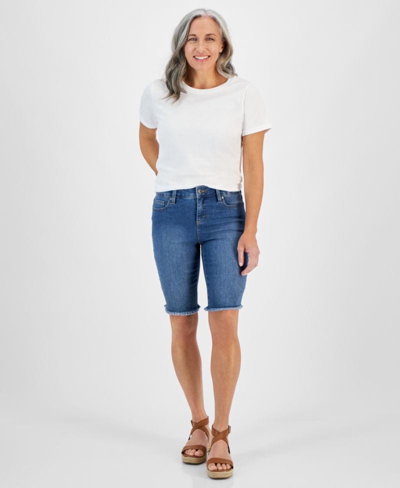 Petite Raw-Edge Denim Bermuda Shorts