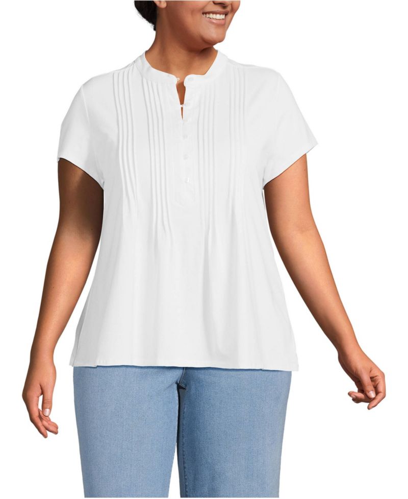 Plus Size Lightweight Jersey Button Pintuck Top