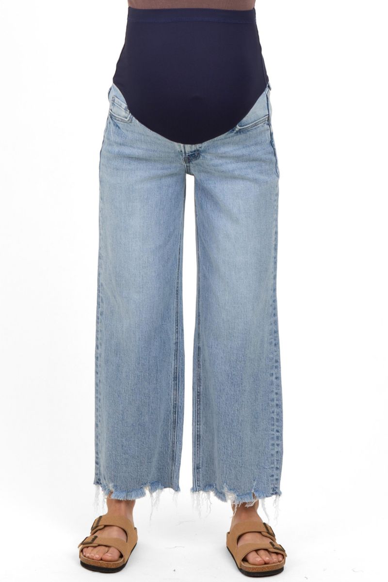 Women's Light Blue Fringe Hem Ankle Wide Leg Jeans