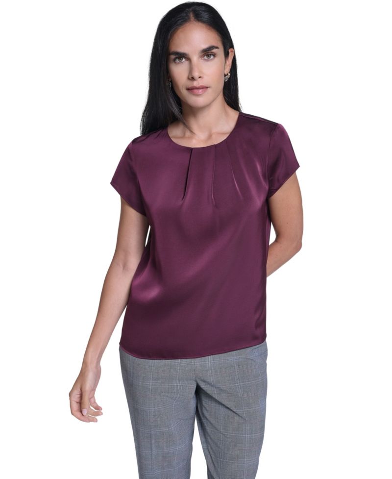 Women's Cap-Sleeve Crewneck Satin Blouse