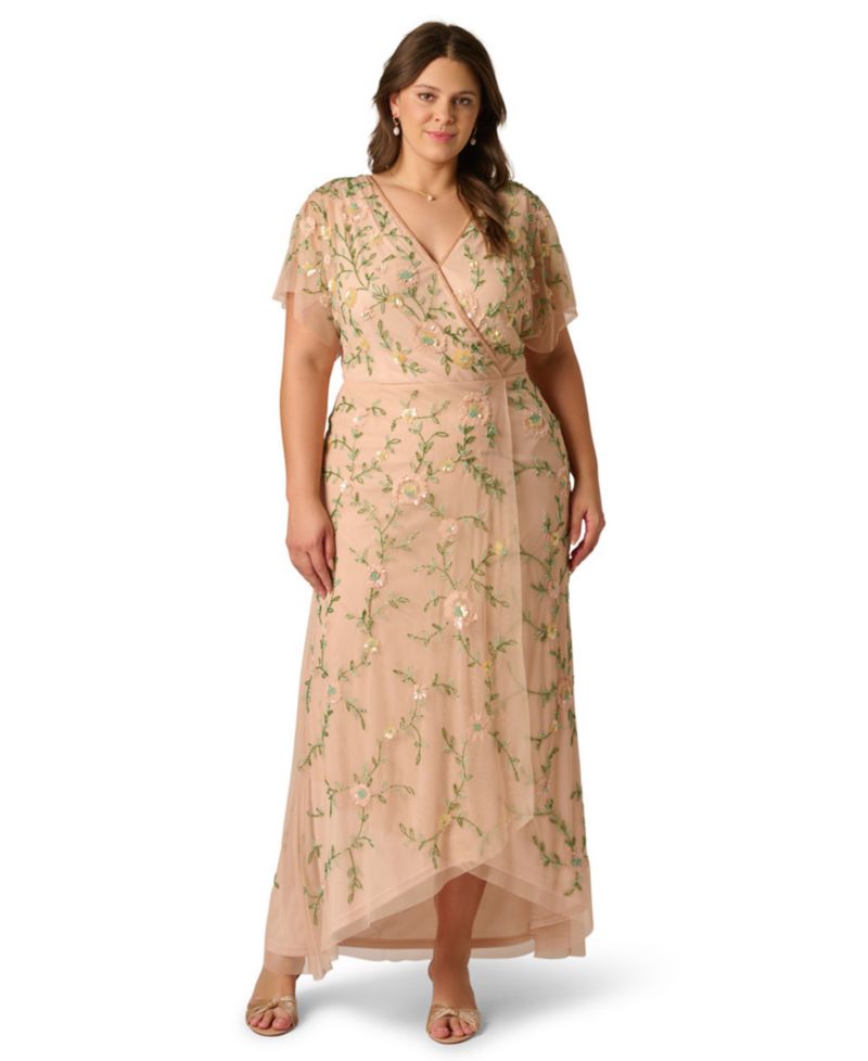 Petite V-Neck Beaded Mesh Gown