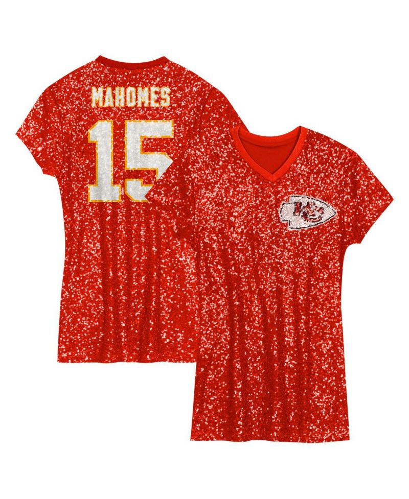 Big Girls Patrick Mahomes Red Kansas City Chiefs Sequin Player Name & Number V-Neck Dress