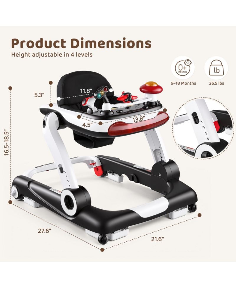 5-in-1 Baby Activity Walker with Music and Lights, Adjustable Height and Safety Bumper