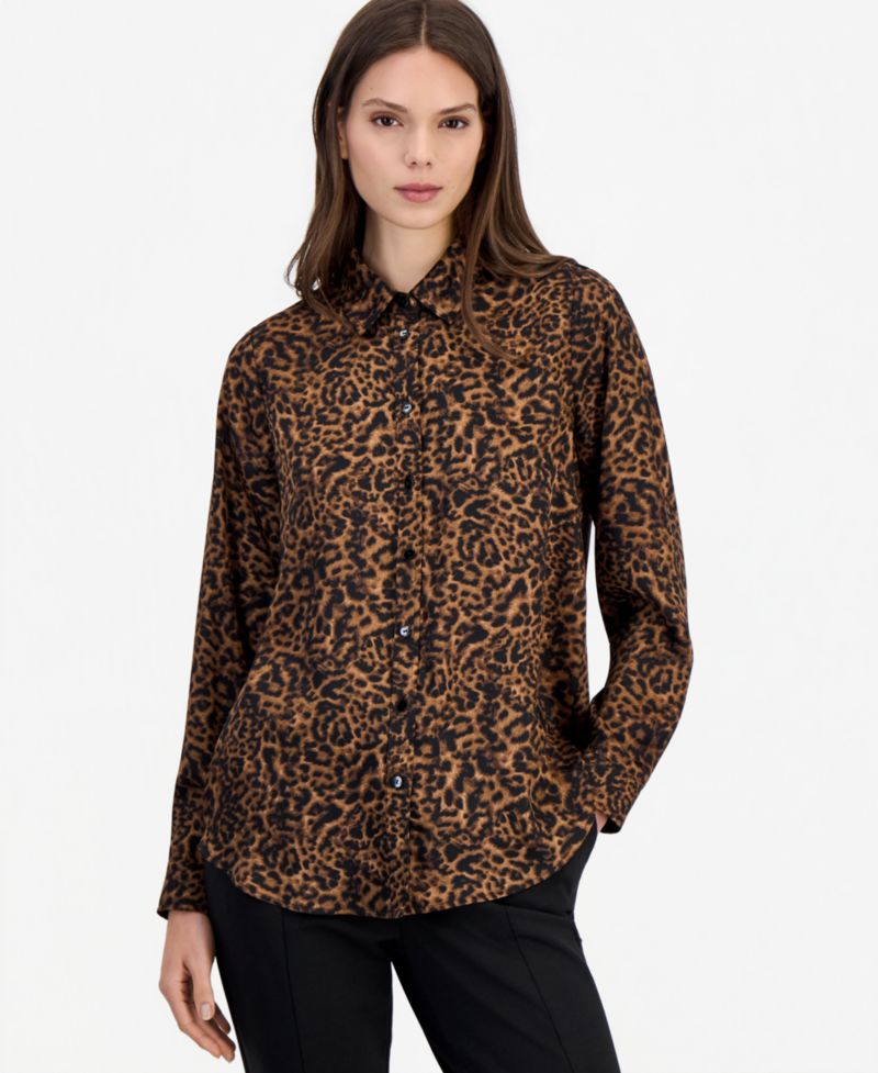 Women's Long-Sleeve Leopard-Print Button-Front Blouse