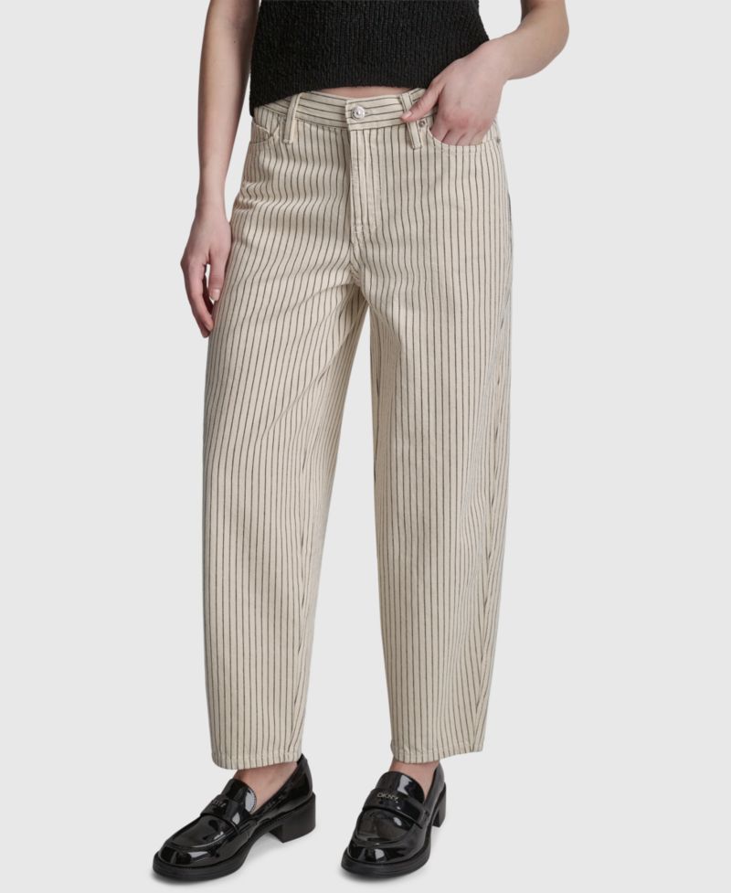 Women's Mid-Rise Striped Baby Barrel-Leg Jeans