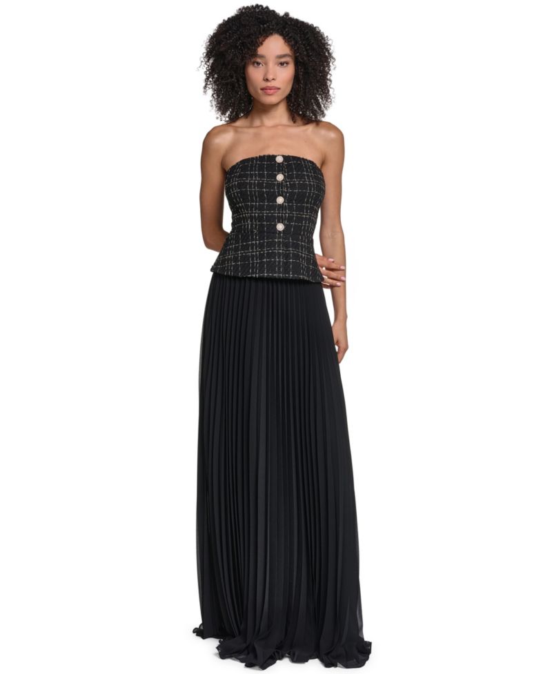 Women's Strapless Tweed Bodice Chiffon Gown
