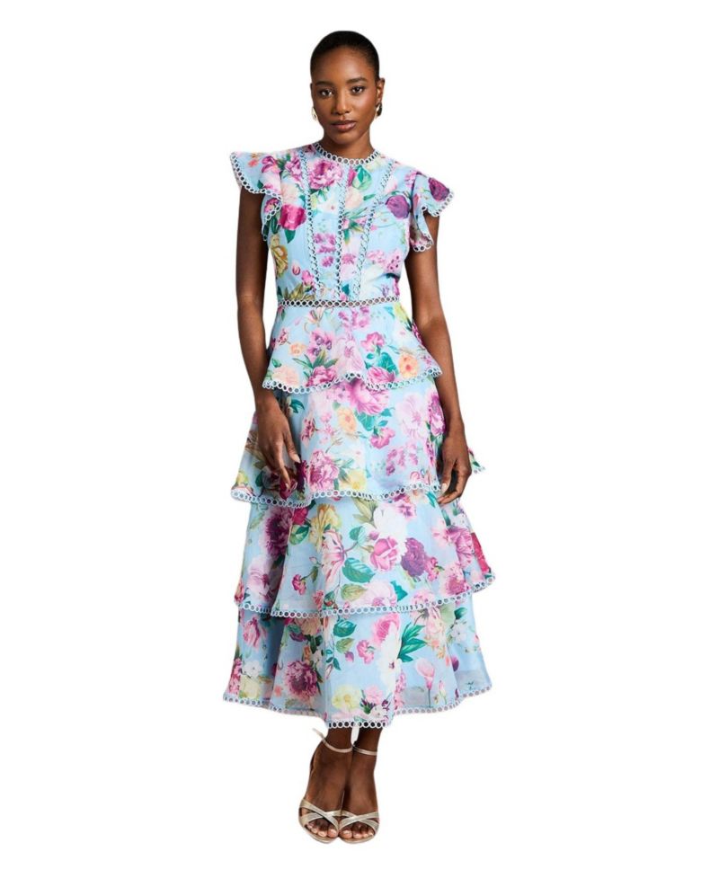 Women's Lace Trim Tiered Organza Midi Dress