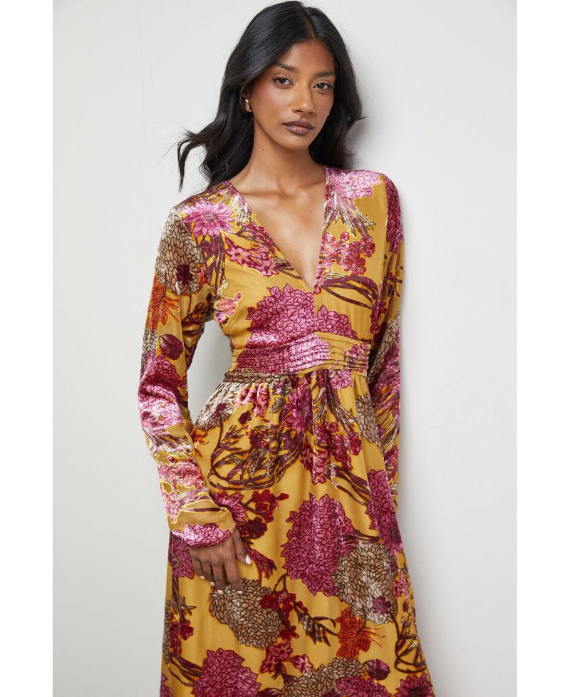 Women's Plunge Neck Waisted Midi Dress
