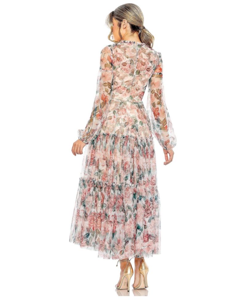 Women's Long Sleeve High Neck Long Balloon Sleeve Midi Dress