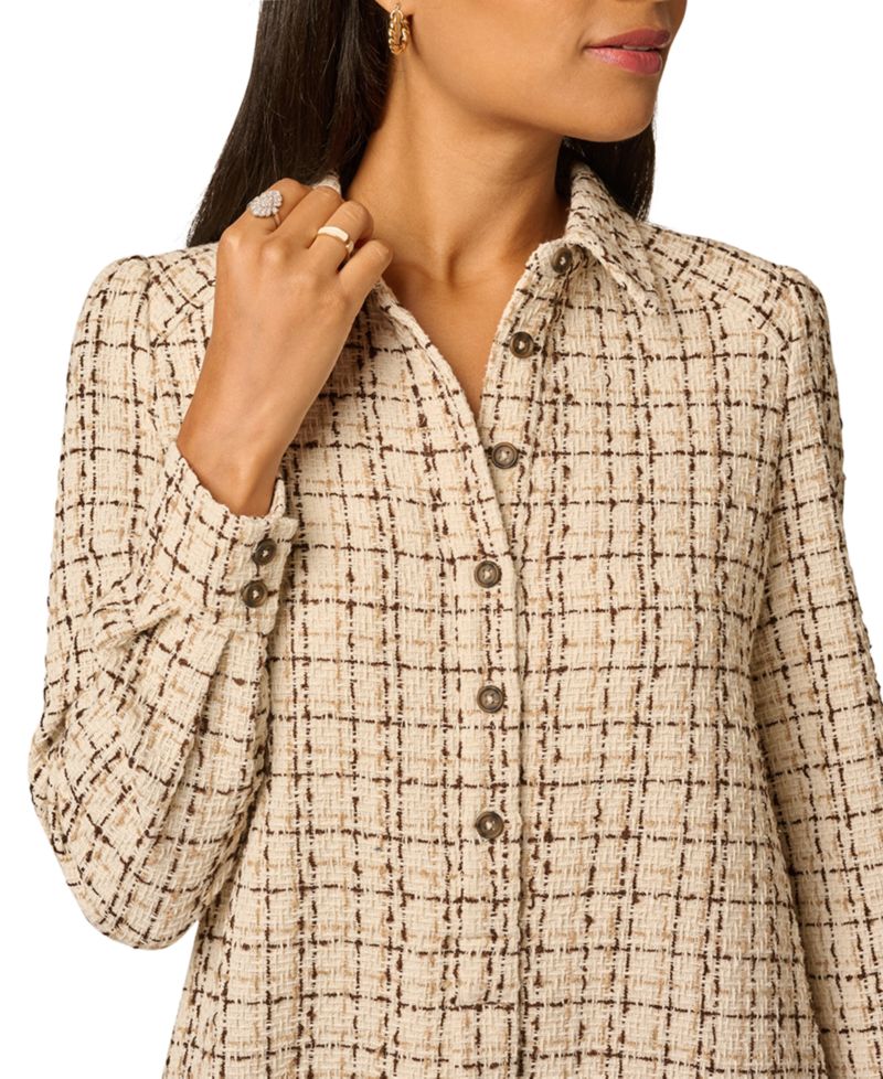 Women's Hailey Tweed Long-Sleeve Ruffled-Hem Shirt Dress