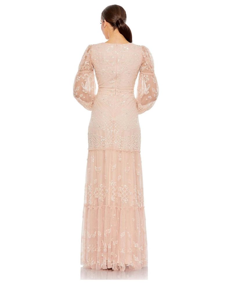 Women's Sequined Tiered Wrap Over Puff Sleeve Gown