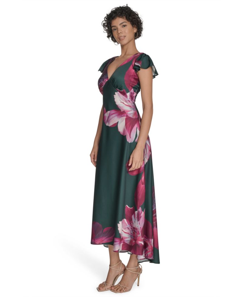 Women's Flutter Sleeve Satin Midi Dress