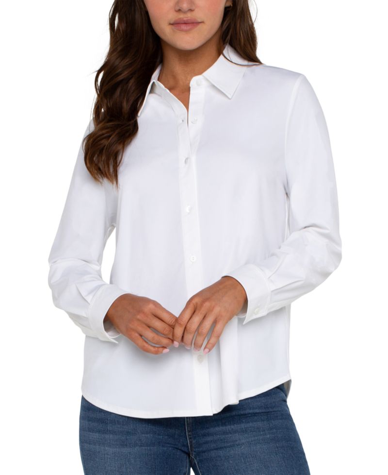 Petite Long-Sleeve Button-Front Collared Blouse