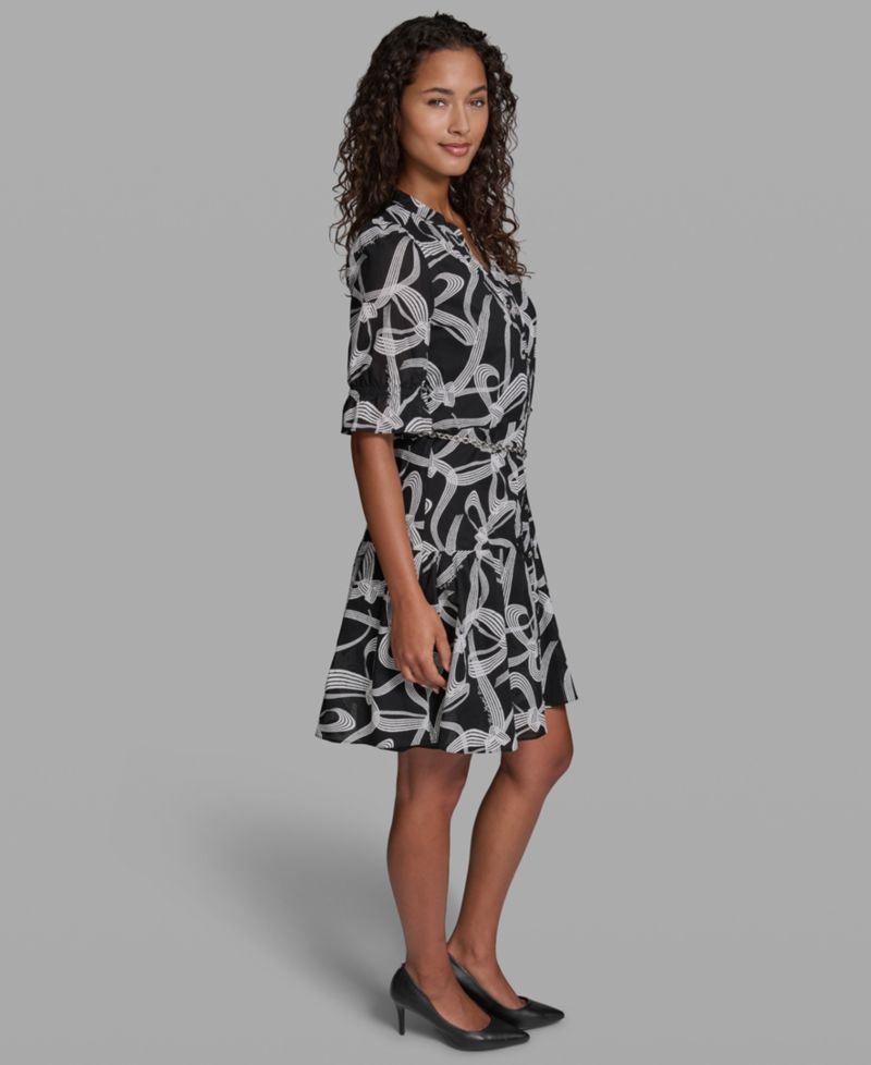Women's Printed Belt Collared Dress