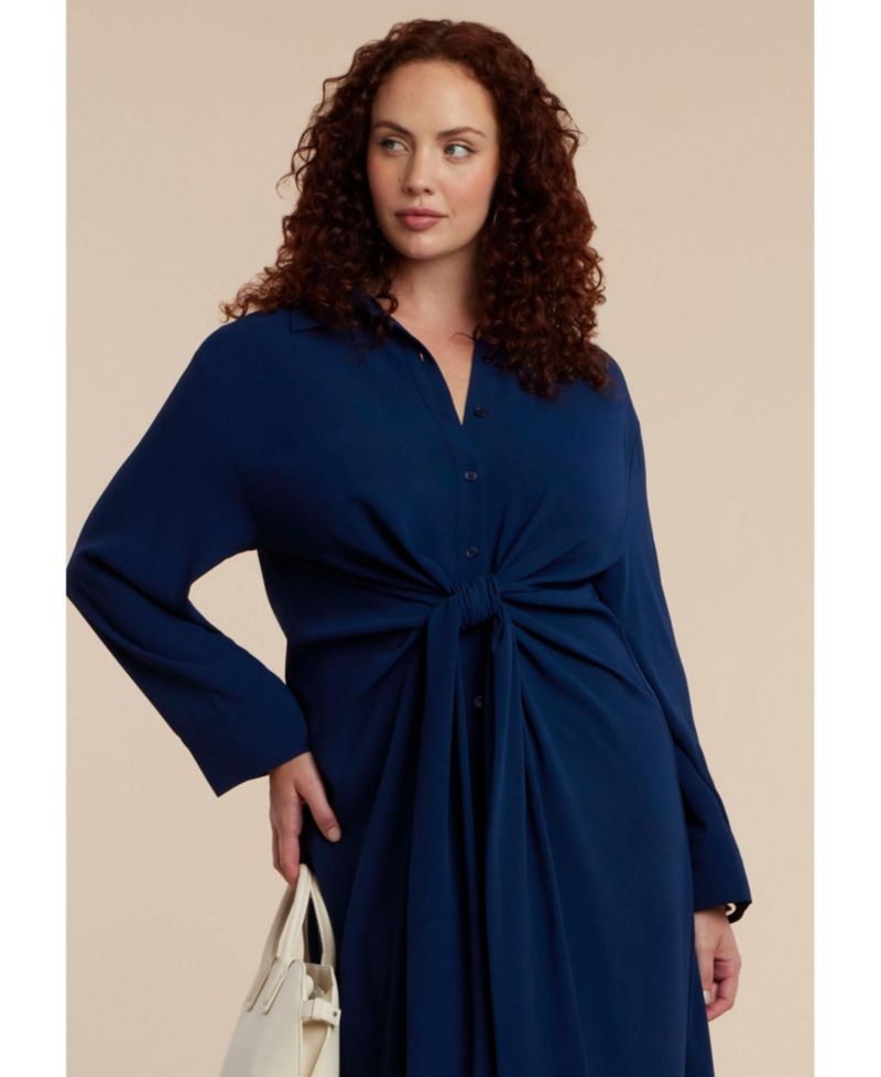 Women's Tie-Front Oversized Midi Shirt Dress