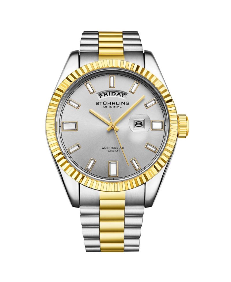 Statesman 4070 Men s Watch – Two-Tone Bracelet, Silver Dial, Day-Date Quartz, 42mm Fluted Bezel