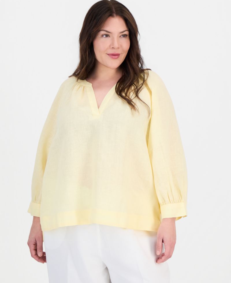 Women's 100% Linen Split-Neck 3/4-Sleeve Blouse