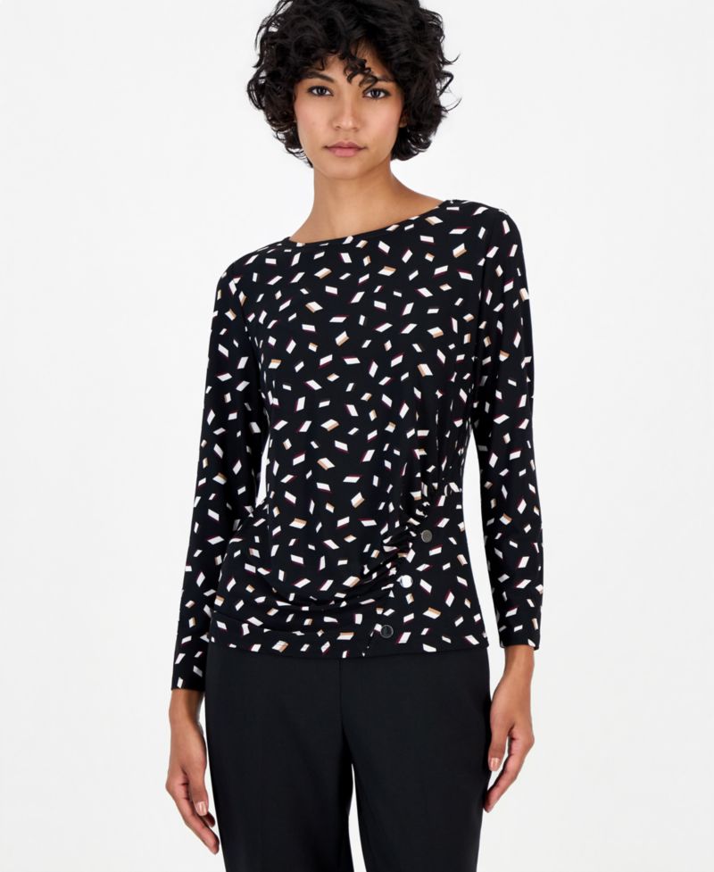 Women's Petite Long-Sleeve Ruched Rivet-Detail Blouse