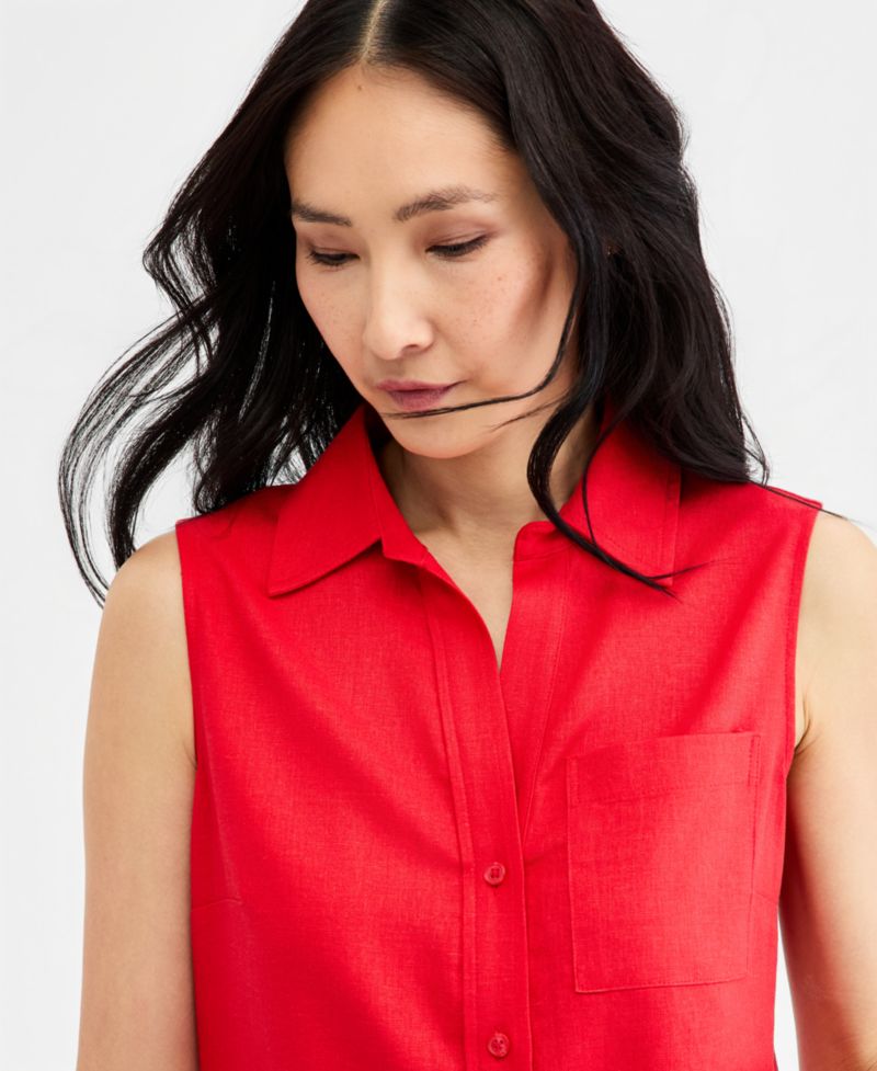 Women's Sleeveless Linen-Blend Button Down Top