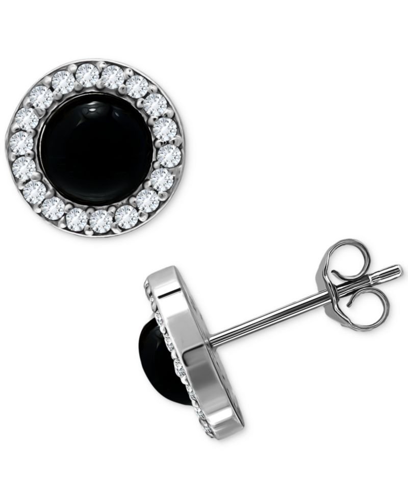 Onyx & Cubic Zirconia Halo Stud Earrings in Sterling Silver