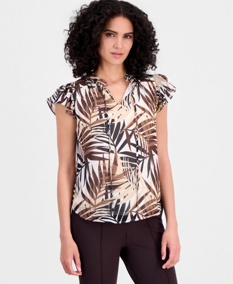 Women's Palm-Print Flutter-Sleeve Split-Neck Top