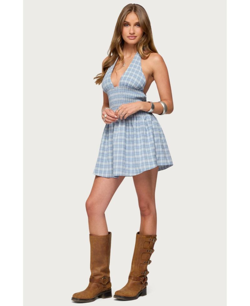 Women's Plaid Smocked Halter Mini Dress