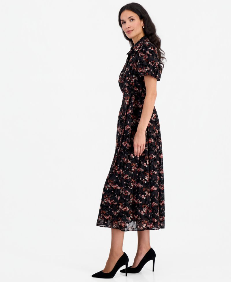 Petite Puff-Sleeve Floral Midi Shirt Dress