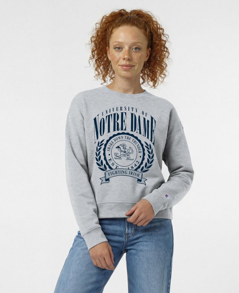 Women's Heather Gray Notre Dame Fighting Irish Academic Crest Powerblend Crewneck Sweatshirt
