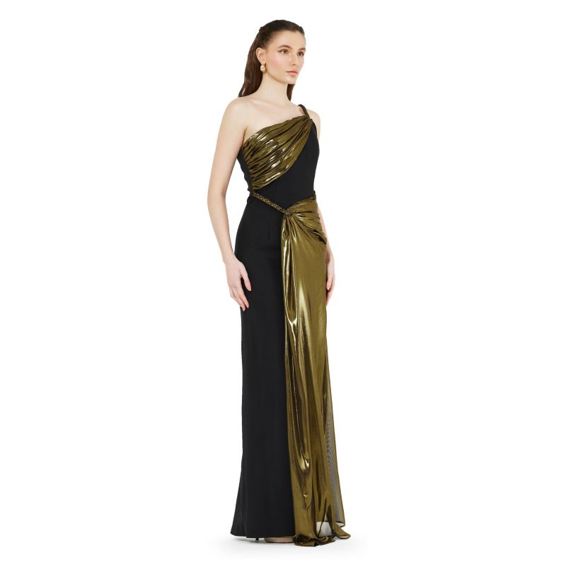 Women's Braided Strap One Shoulder Metallic Drape Dress